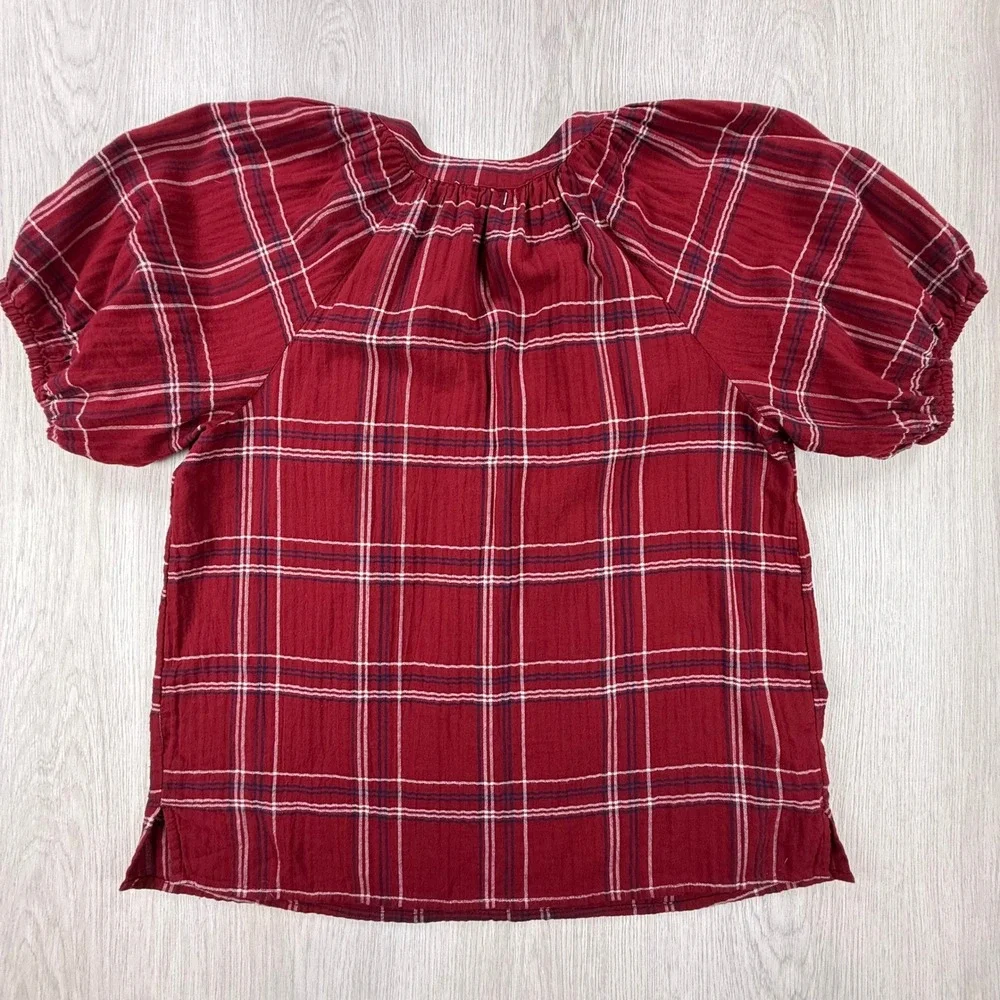 Blouse LOFT Women Small Red Plaid Short Puff Sleeve Preppy Fall Casual